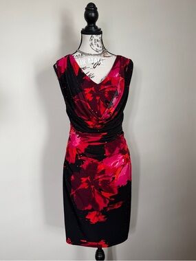 Joseph Ribkoff black floral silky knit mini dress | wedding guest cocktail dress